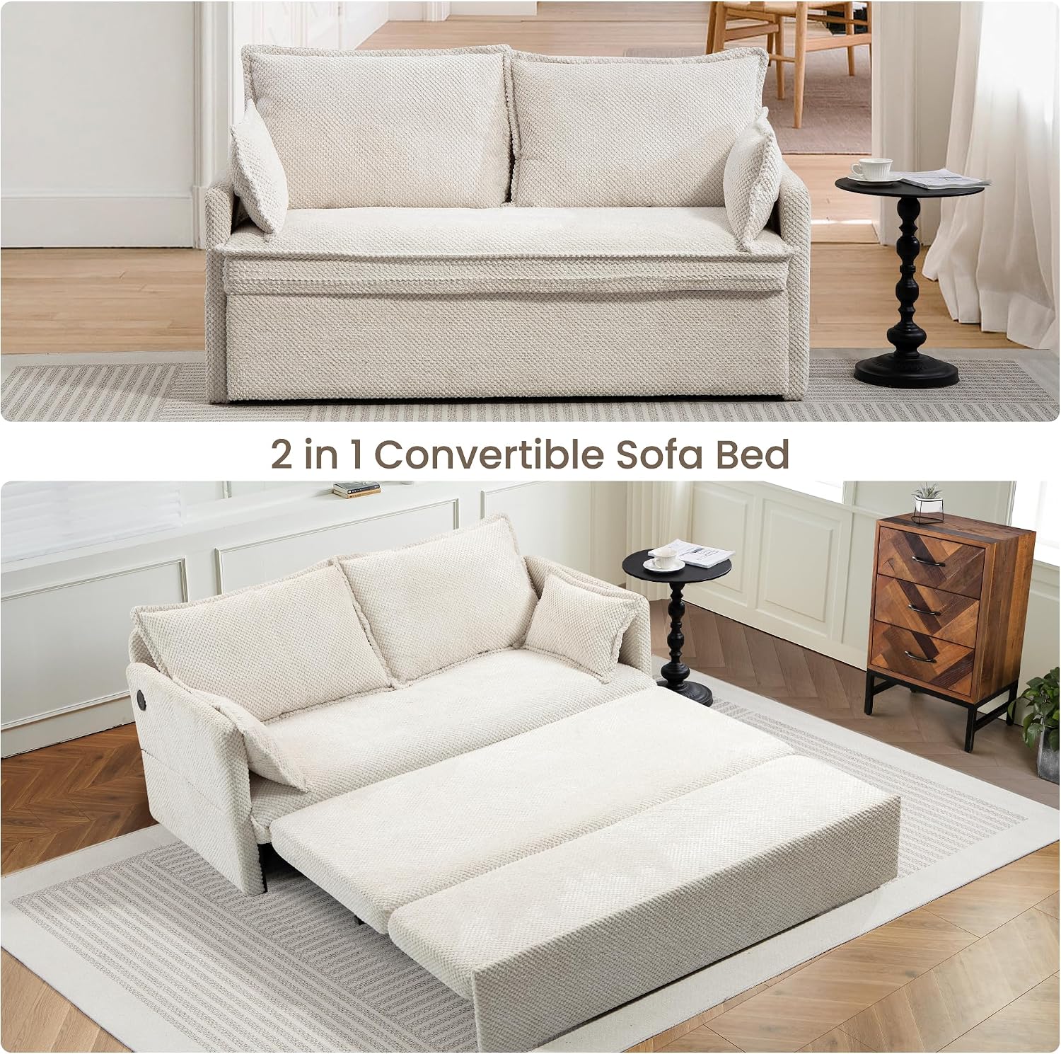SUNWAVE 60' Pull Out Sofa Bed - Convertible Sleeper Sofa Bed, Corduroy Pull Out Couch Bed with USB Charging, Side Pockets for Living Room, Bedroom, Small Spaces (Cream, 60')