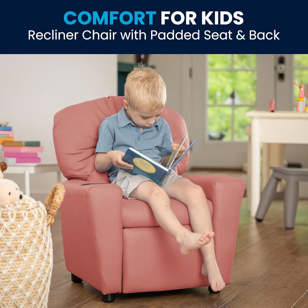 Flash Furniture Chandler Vinyl Kids Recliner with Cup Holder and Safety Recline, Contemporary Reclining Chair for Kids, Supports up to 90 lbs., Pink