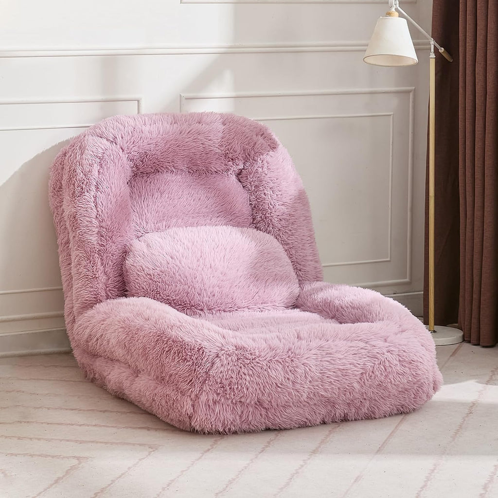 Upholstered Human Dog Bed for Adult & Pets, Convertible Lazy Sofa Bed with 5 Adjustable Position, Comfy Tatami Bean Bag Lounge Chair with a Soft Pillow for Bedroom Living Room (Pink Fluffy)