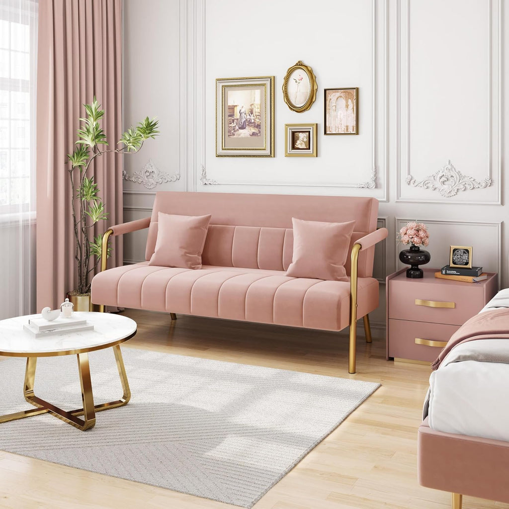 Yaheetech 56.5' W Modern Sofa Small Sofa Luxurious Velvet Fabric Couch with Gold-Tone Metal Arms and Legs for Living Room, Home Office, Studio Pink