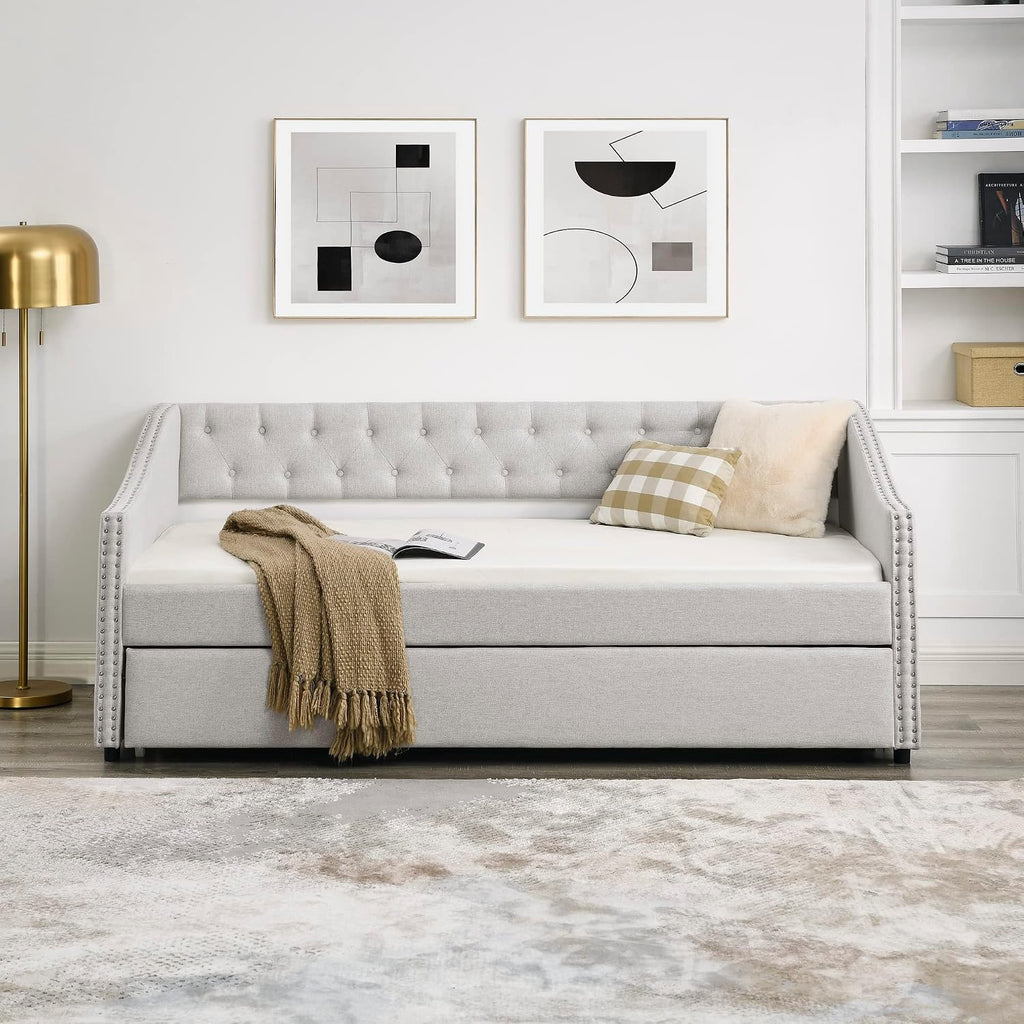 KEIKI Twin Size Upholstery Daybed with Trundle and Headboard, Mid-Century Style Tufted Sofa Bed with Button on Back, Easy Assembly, No Box Spring Required, for Living Room and Bedroom, Beige