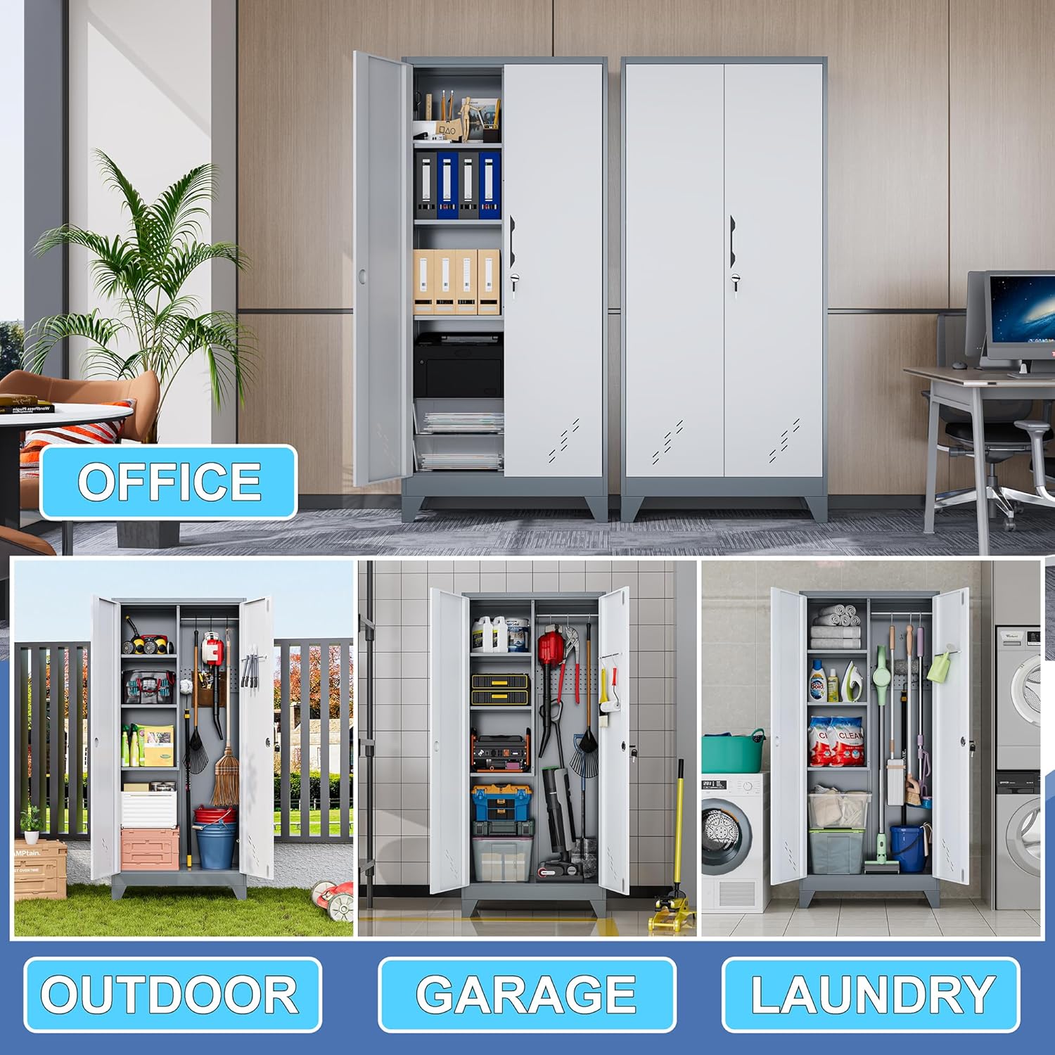 61' Metal Storage Cabinet with Lockable Doors, Cleaning Supply Cabinet with Pegboard and Hanging Rod. Garage Tool Storage Cabinets for Home, Laundry, Office, Home Kitchen Utility Cabinet