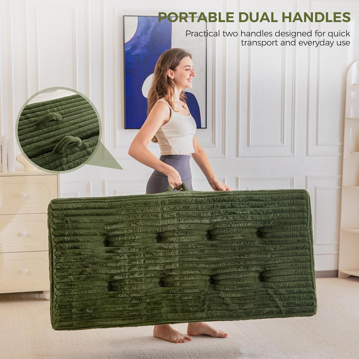 MAXYOYO Floor Sofa Couch, 6 Inch Tri-Fold Floor Sofa Bed, Folding Mattress with Handles, Soft Faux Fur Folding Bed with Supportive Foam Filling, Portable Couch for Living Room, Full, Dark Green