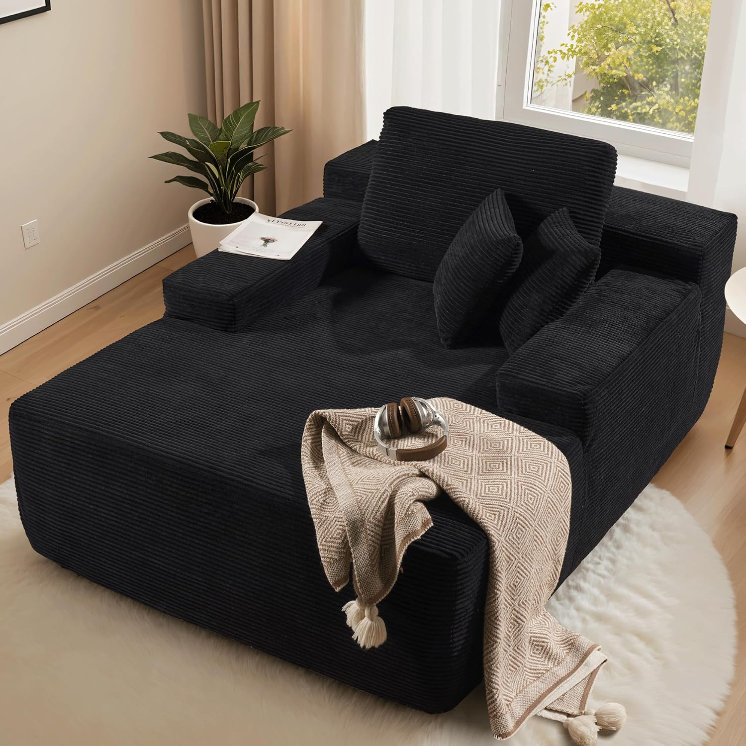 ovios 67'' Chaise Lounge Chair Indoor, Oversized Upholstered Boneless Sofa Bed, Deep Seat Sleeper Couch, Plush Cloud Sofas Couches for Living Room, No Assembly Required (Corduroy, Black)