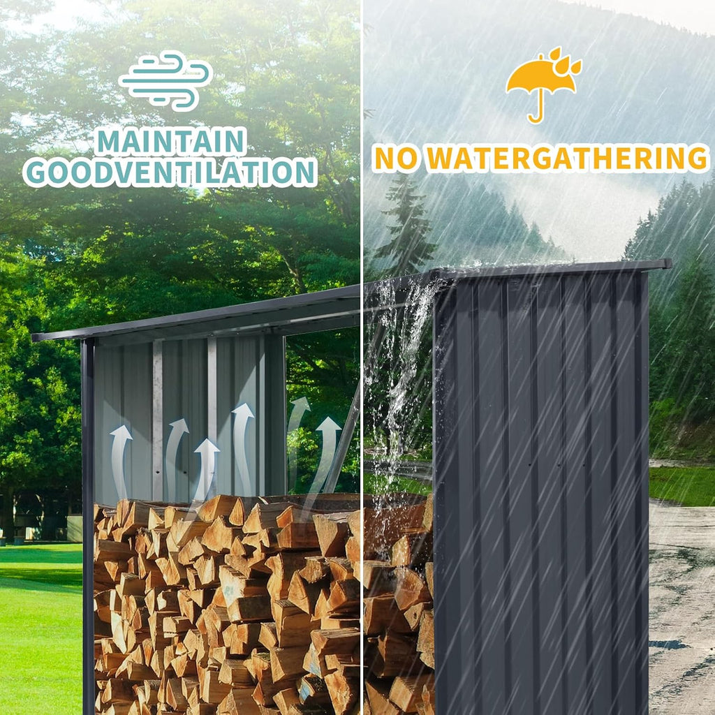 Ball & Cast 85.5' Outdoor Steel Firewood Rack Metal Storage Shed with Middle Stiffener and Reinforced Base,Multi-Functional Waterproof Cabinet W/Roof,for Equipment Machines,Black