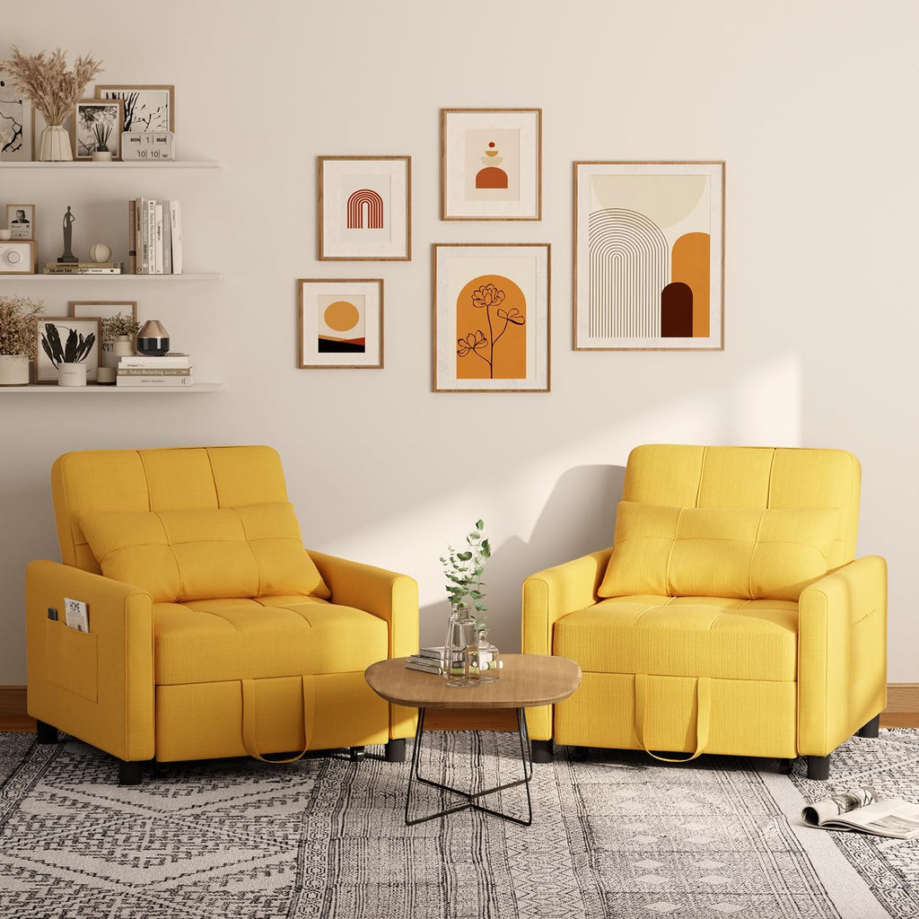 Aiho Convertible Sleeper Sofa Chair Bed, 3-in-1 Adjustable with Pillow & Pocket - Multi-Functional in Modern Linen Fabric for Apartment, Yellow