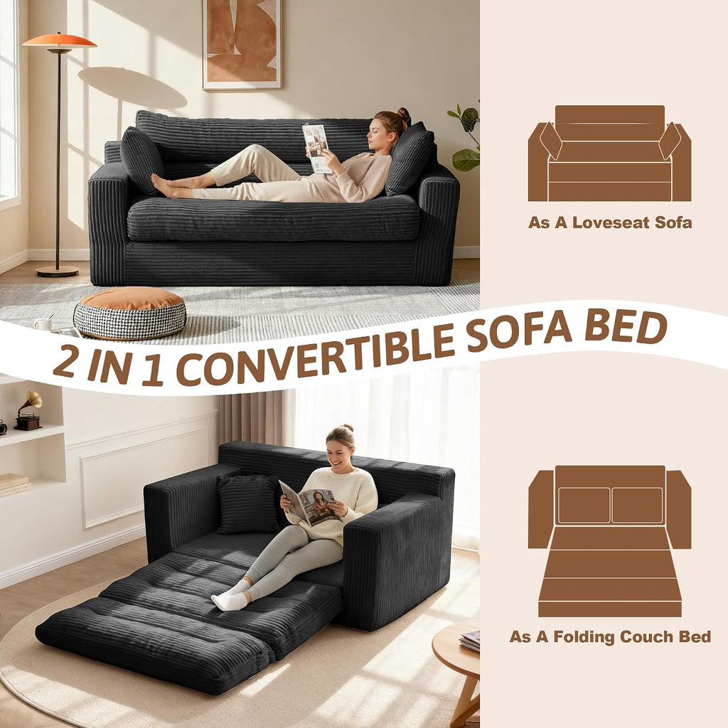 Convertible Sofa Bed, Pull Out Boneless Couch Loveseat Floor Sofa Bed with Pillows, 2-Seater Folding Sofa Loveseat Boneless Couch for Living Room, Bedroom, Apartment, Office (Black)