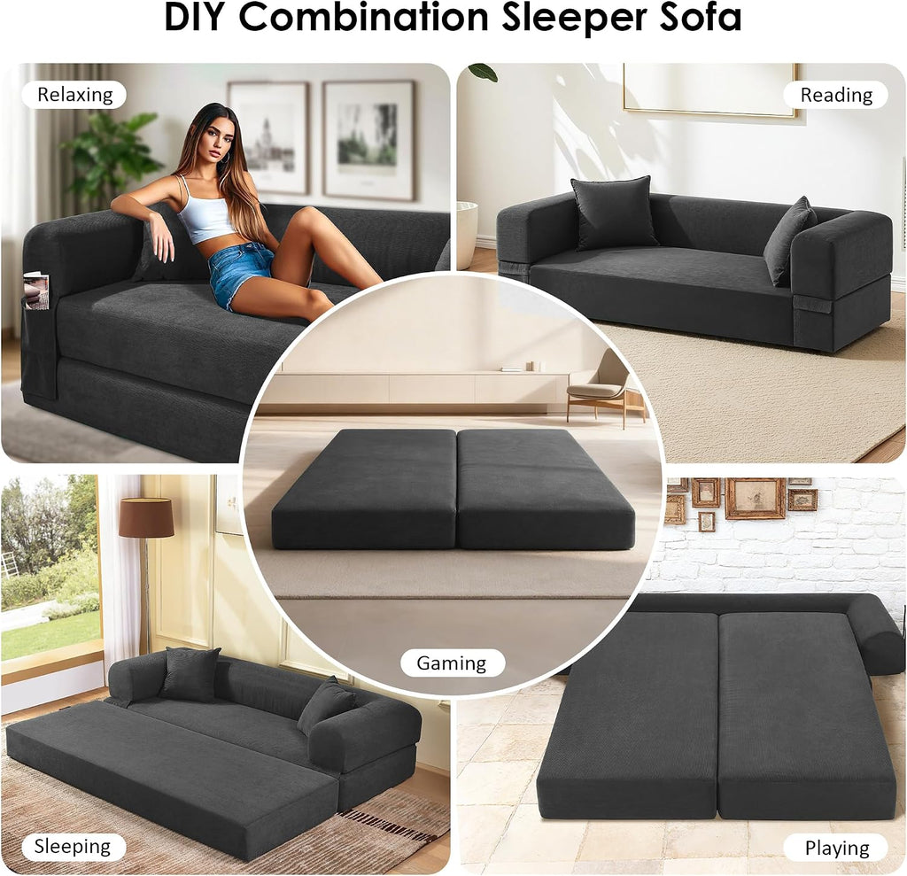 80' Convertible Sofa Bed, 3-in-1 Corduroy Folding Pull Out Couch with Pillows, No Assembly Modern Boneless Couch Compression Sofa in Box, Floor Sofa with Side Storage Pocket for Living Room,Dark Grey