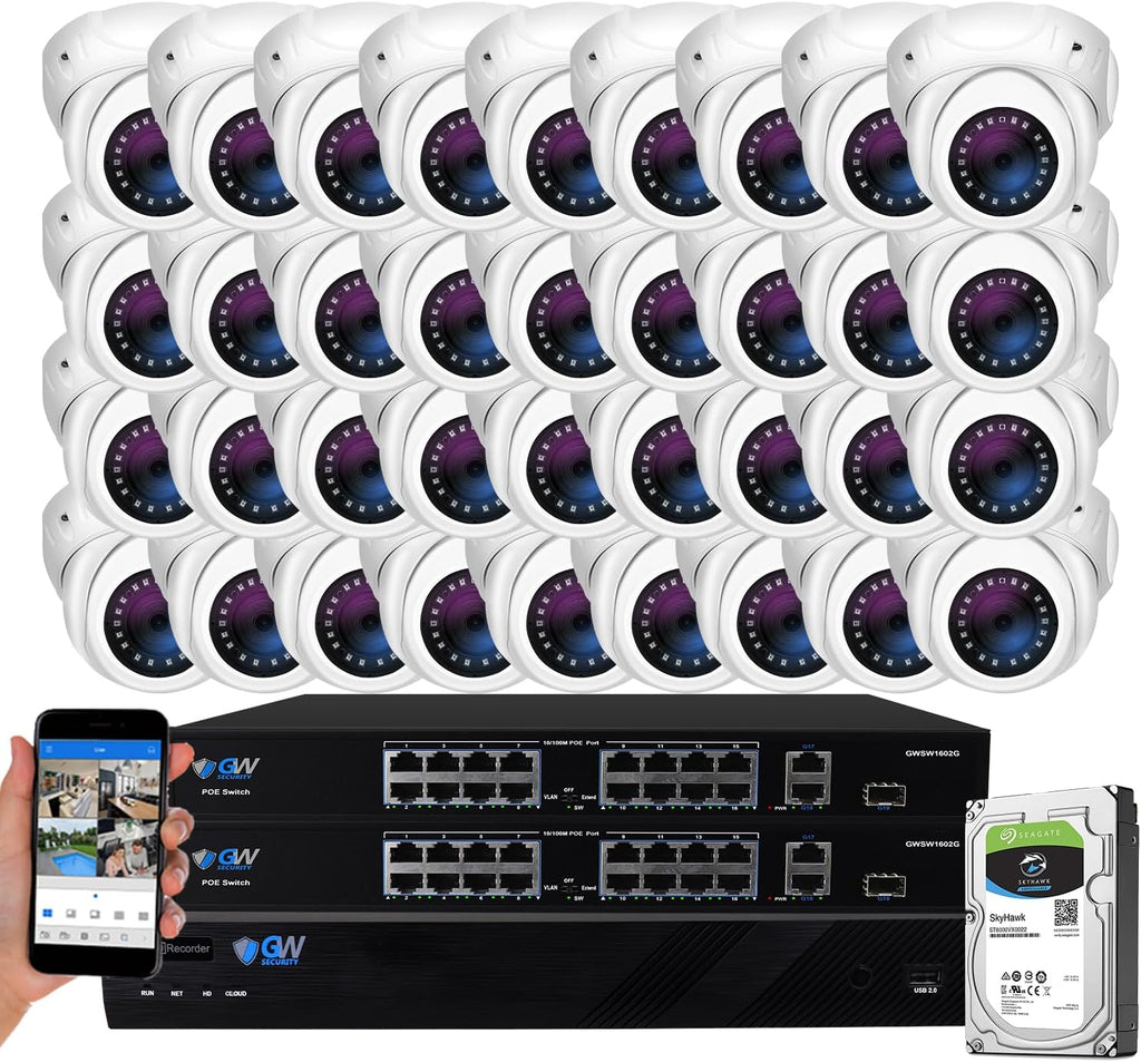 GW Security 32 Channel 4K NVR 5MP H.265 IP Surveillance Security Camera System with 32-Piece Super HD 1920P Weatherproof PoE Security Dome Cameras, AI Human & Vehicle Detection