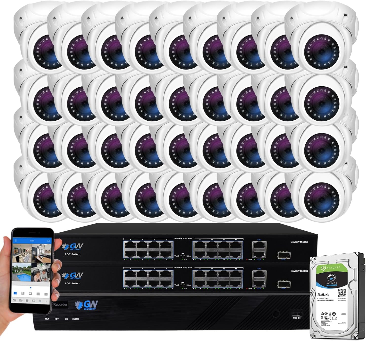 GW Security 32 Channel 4K NVR 5MP H.265 IP Surveillance Security Camera System with 32-Piece Super HD 1920P Weatherproof PoE Security Dome Cameras, AI Human & Vehicle Detection