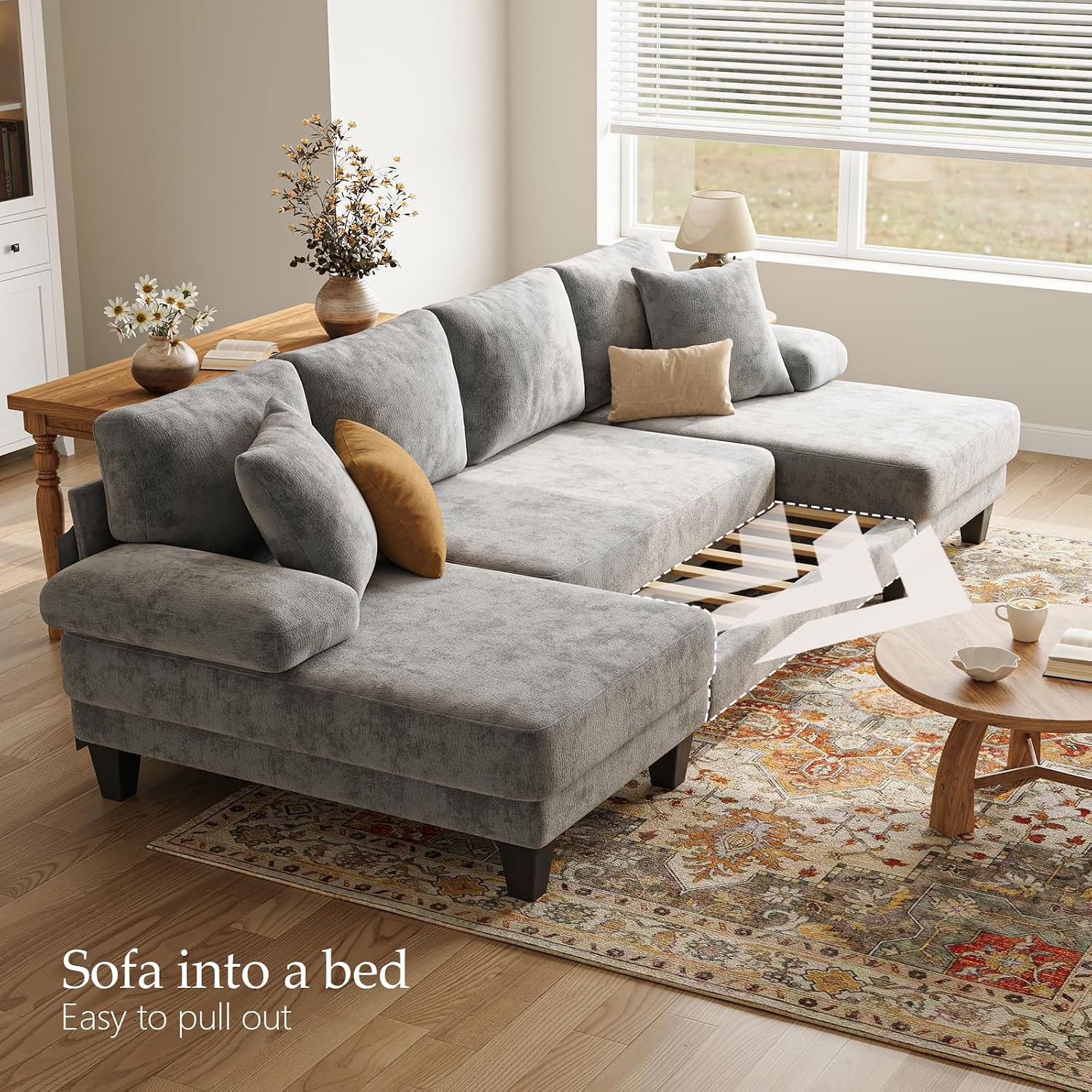 Txtin's Sleeper Sofa with Pull Out Couch Bed | 112 Inch Couches for Living Room | U-Shaped Convertible Sofa Bed | Chenille Light Grey