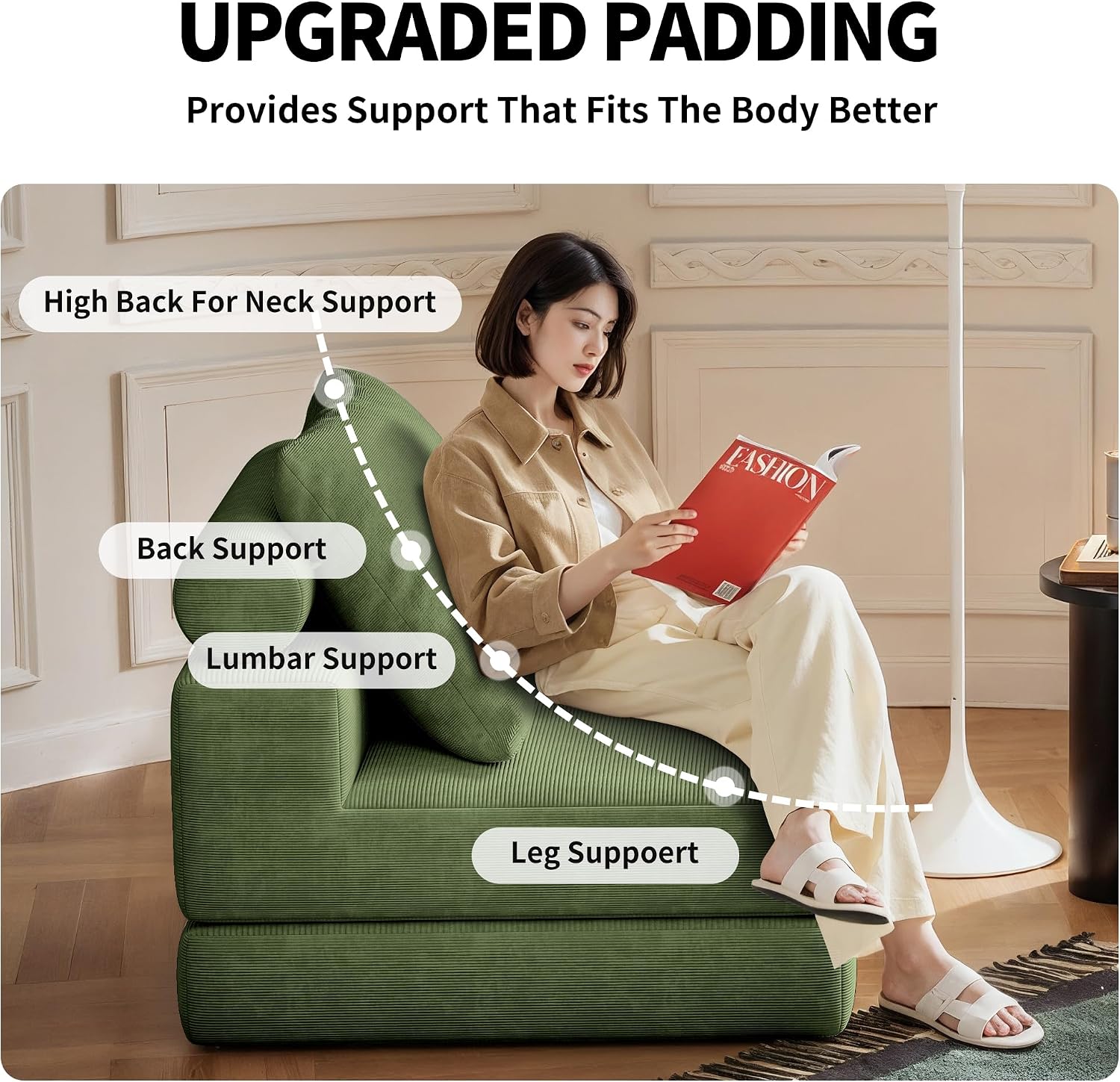 Folding Sofa Bed, 3-in-1 Convertible Sleeper Chair Bed with Pillows, Foldable Floor Couch with High-Density Foam, Futon Small Boneless Couch for Living Room Bedroom Lounge, Single, Green