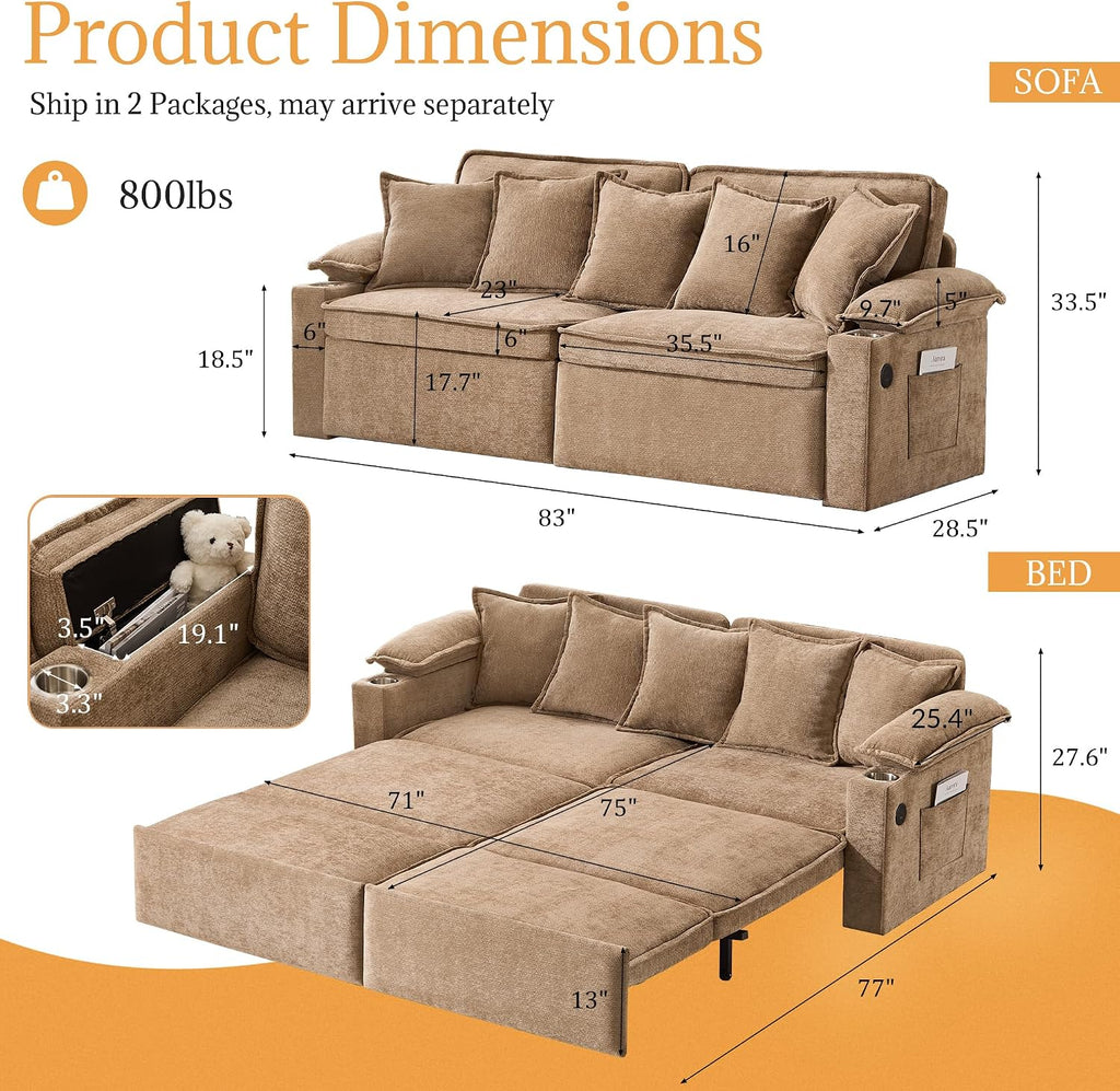 SUNWAVE 83' King Size Pull Out Sofa Bed, 4-in-1 Convertible Sleeper Sofa Bed with USB Ports, Cup Holders, Side Pockets, Corduroy Oversized Loveseat Chaise Lounge for Living Room, Small Space