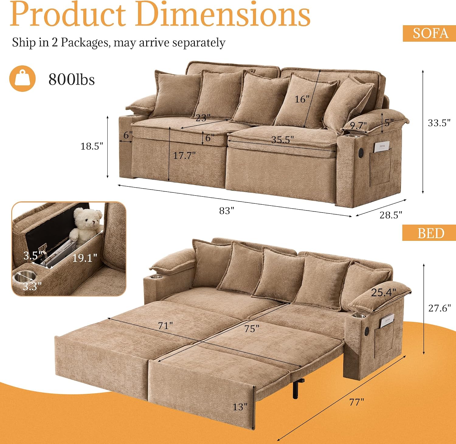 SUNWAVE 83' King Size Pull Out Sofa Bed, 4-in-1 Convertible Sleeper Sofa Bed with USB Ports, Cup Holders, Side Pockets, Corduroy Oversized Loveseat Chaise Lounge for Living Room, Small Space