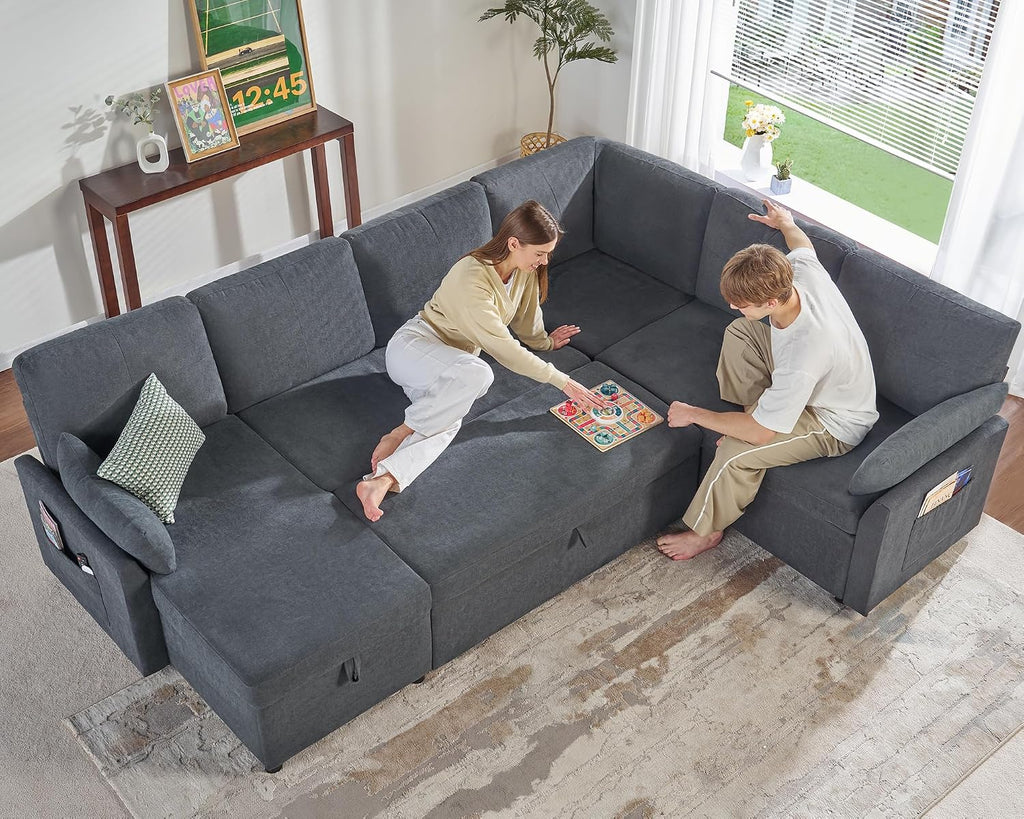 PaPaJet Sofa Bed, 112 Inch Sleeper Sofa, Oversized U Shaped Couch with Storage Chaise, Pull Out Couch for Living Room, Chenille Gray