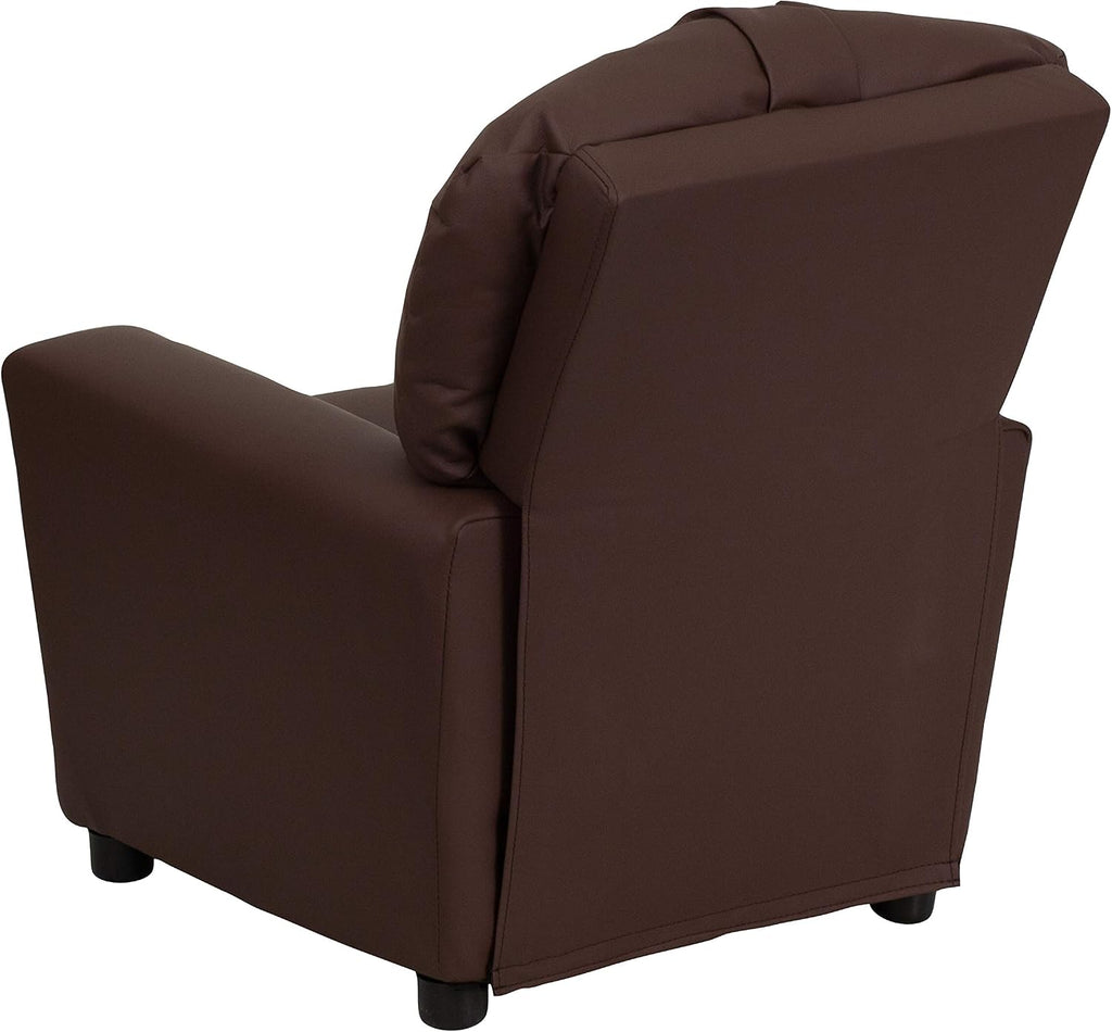 Flash Furniture Chandler LeatherSoft Kids Recliner with Cup Holder and Safety Recline, Contemporary Reclining Chair for Kids, Supports up to 90 lbs., Brown