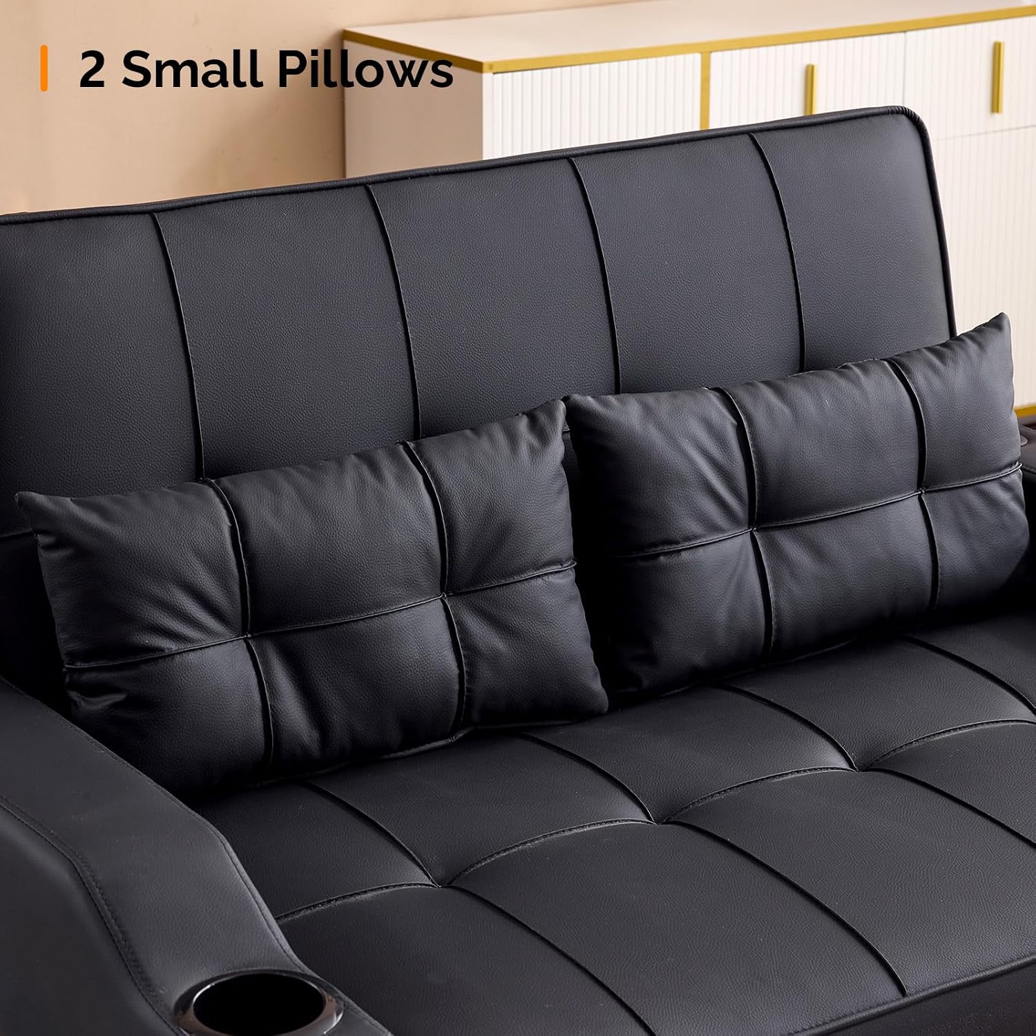 VINGLI Convertible Loveseat Sleeper Sofa, Black Faux Leather Futon Sofa Bed Pullout Couch Bed with USB Ports, Cup Holders, Armrest for Living Room, Bedroom, Home Office Apartment