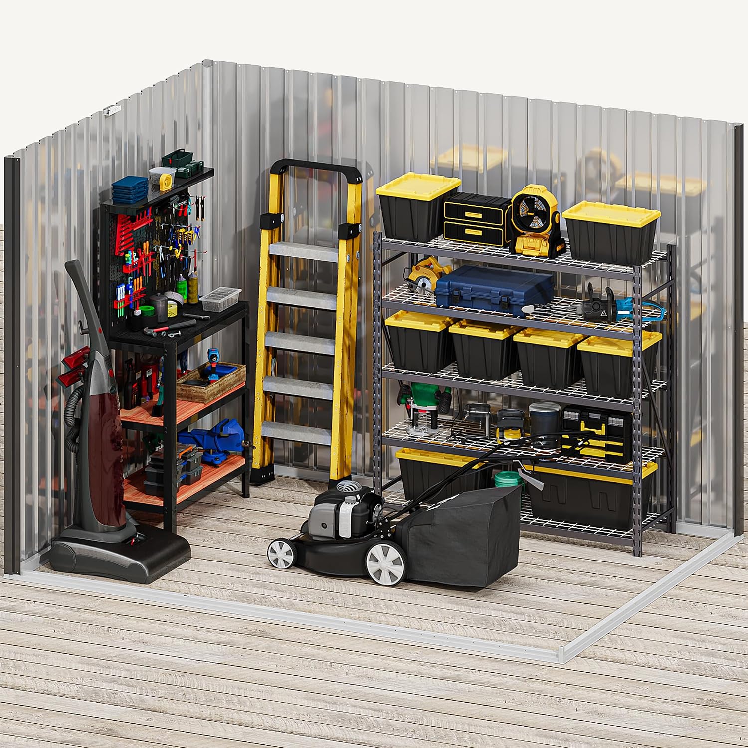 DWVO 8x6ft Large Tool Storage Shed with Window, Lockable Doors, and Sloped Roof, Oversized Steel Outdoor Storage Shed for Garden, Patio, Garage, Backyard, Lawn - Gray & White