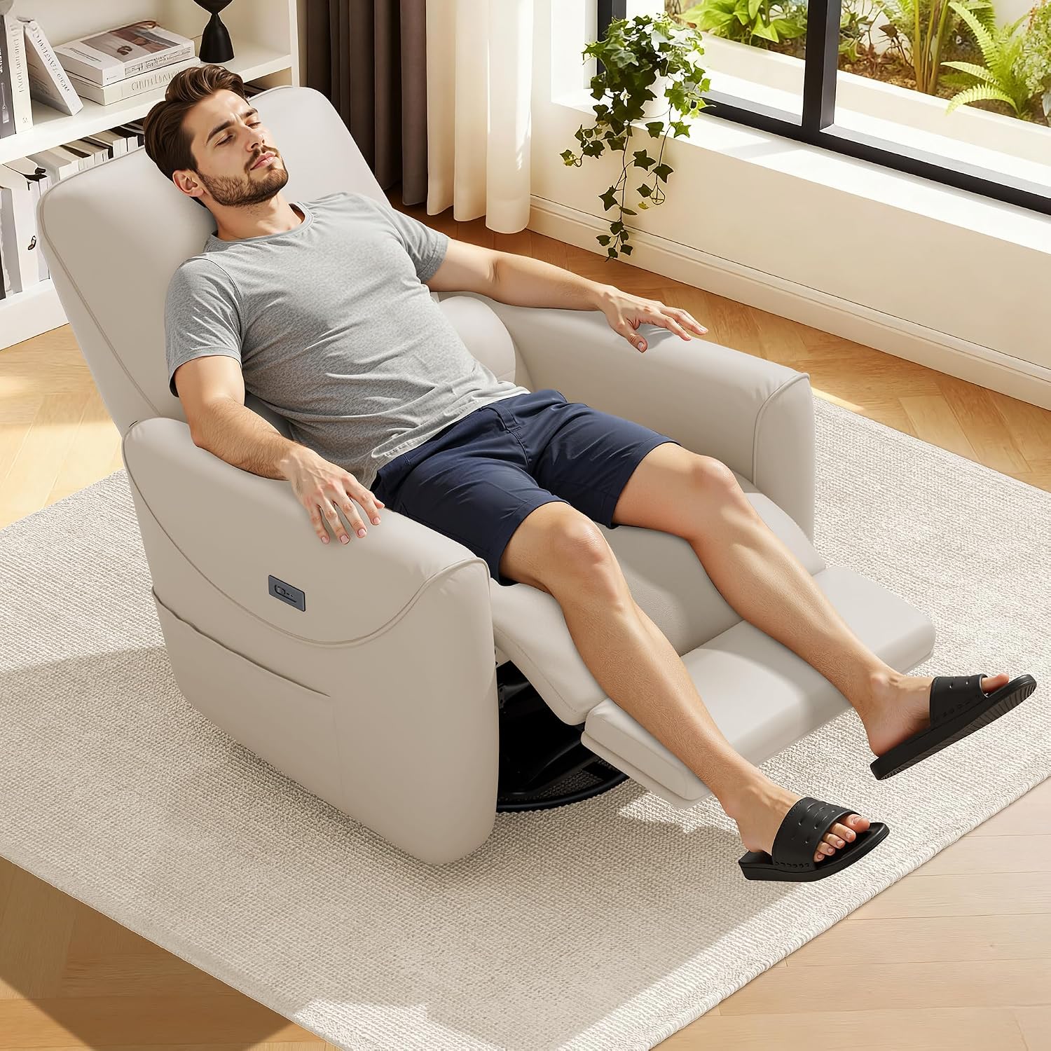 KINGYES Nursery Recliner Rocking Chair, 270° Swivel Glider, with Bluetooth Speaker & USB-C Port, Faux Leather Nursery Rocking Chair, Gray