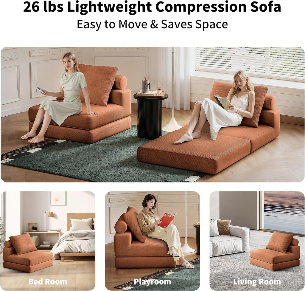 Folding Sofa Bed, 3-in-1 Convertible Sleeper Chair Bed with Pillows, Foldable Floor Couch with High-Density Foam, Futon Small Boneless Couch for Living Room Bedroom Lounge, Single, Brown