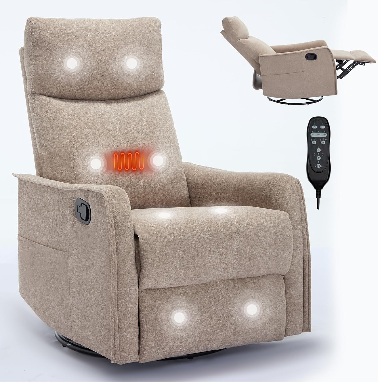 Massage Chair Recliner with Heat, 360° Swivel Glider Rocker with Reclining Backrest and Footrest, Manual Lazy Boy Recliners for Adults, Modern Nursery Rocking Chairs (Khkai)