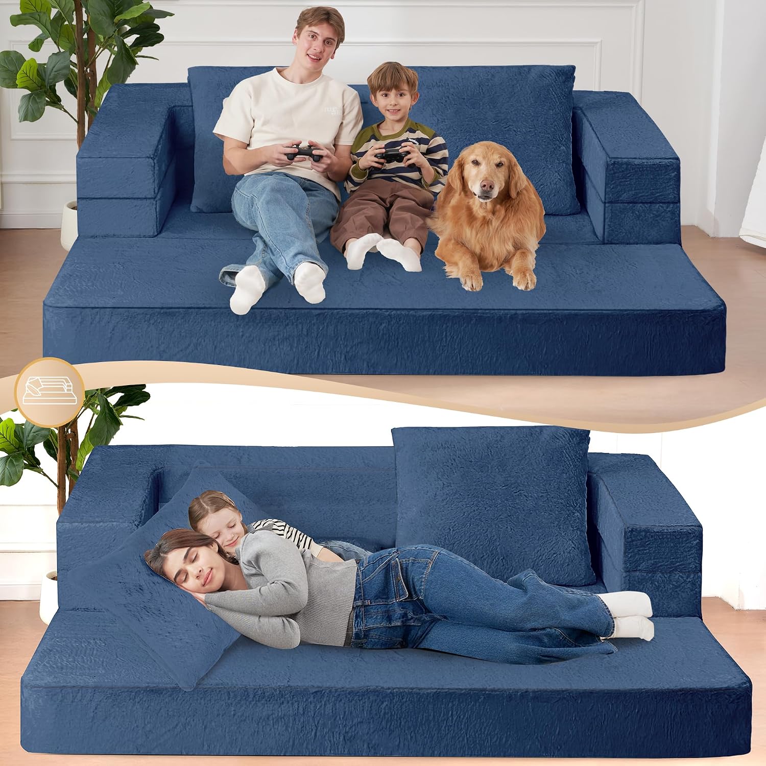 Futon Sofa Bed with Pillow, 3-in-1 Sleeper Sofa Bed with Removable Cover, Convertible Floor Sofa Bed, No Assembly Boneless Couch for Living Room, Bedroom