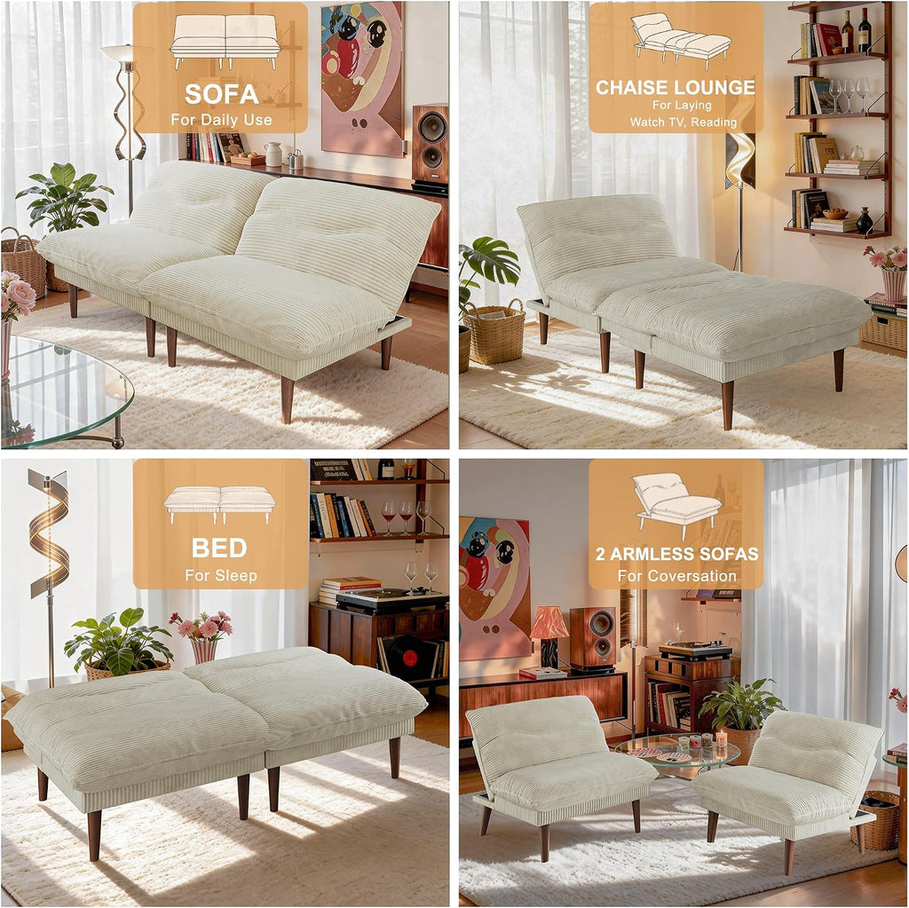 DreamDashio Futon Sofa Bed, 4 in 1 Multi-Functional Futon Couch with Adjustable Backrest, 75 inch Convertible Sleeper Sofa Bed and Recliner Lounge, Corduroy Loveseat for Living Room, Apartment, Beige