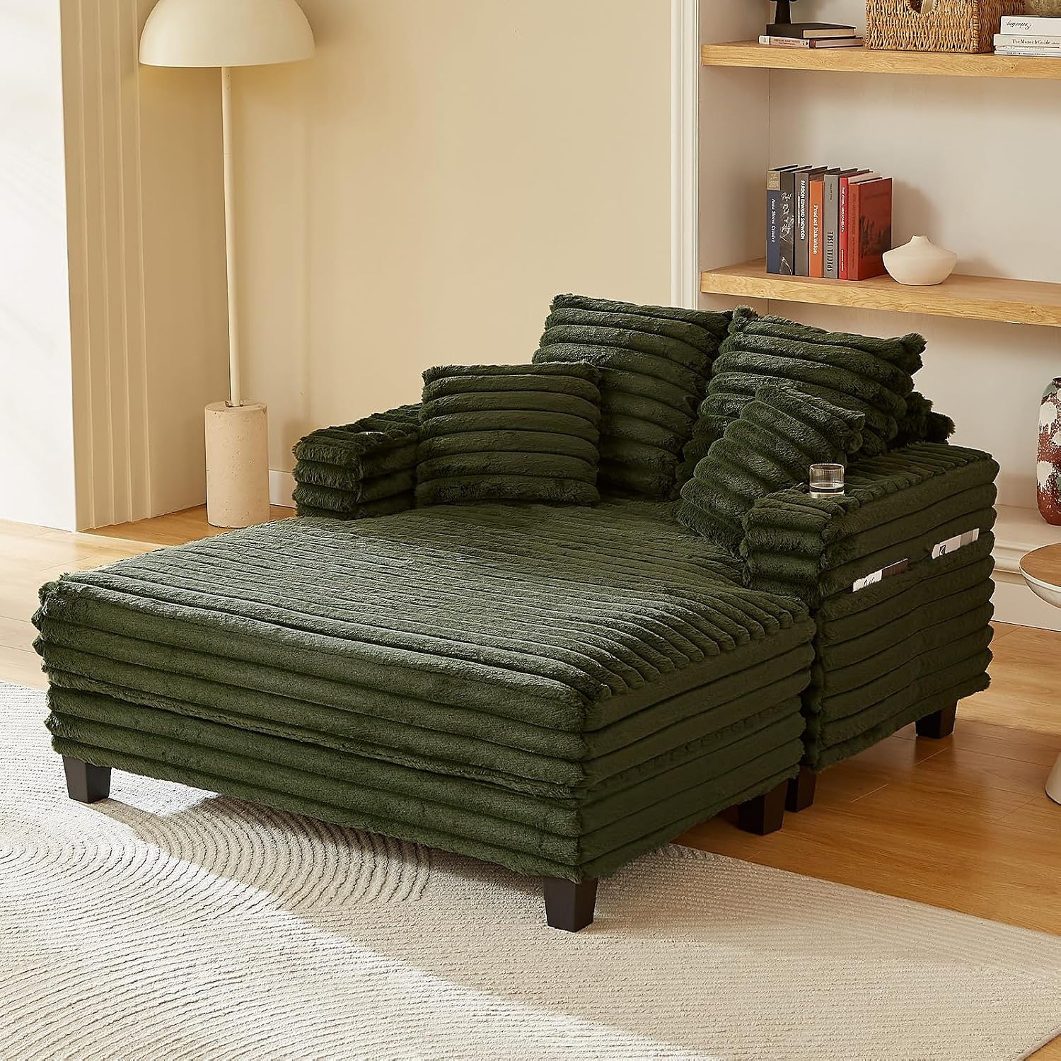 Amsleekey 64' Chaise Lounge Chair Indoor, Oversized Sleeper Chair with Wood Frame, Upholstered Sofa Bed for Living Room, Movie Room, Bedroom with 4 Storage Pockets&2 Cup Holders(Plush Corduroy, Green)