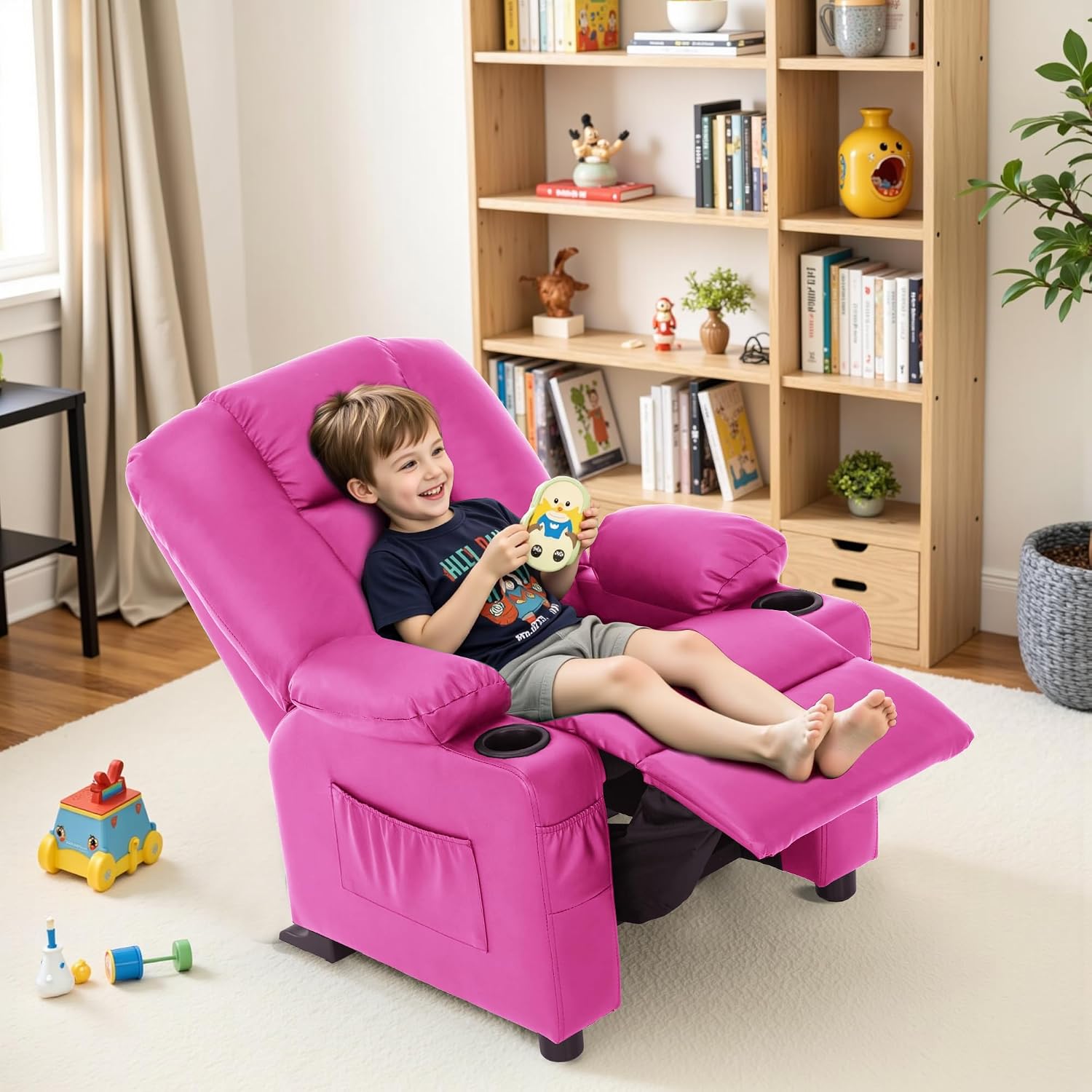 MCombo Big Kids Recliner for Ages 3+, Child Reclining Chair, Toddlers Recliner Sofa with Cup Holders, Faux Leather, 7322(Pink)