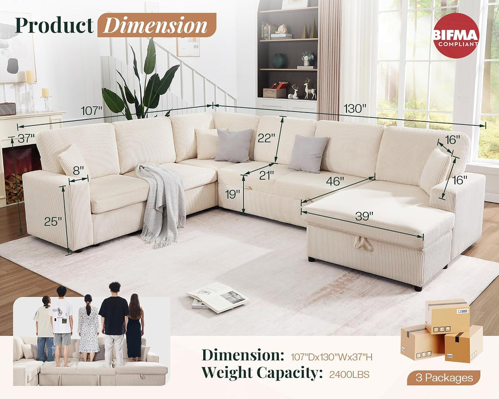 Jocisland 130' Sofa Bed, Sleeper Sofa, Pull Out Sleeper Couch with Storage, Convertible 6-Seater Sofa Bed for Living Room, Corduroy Beige
