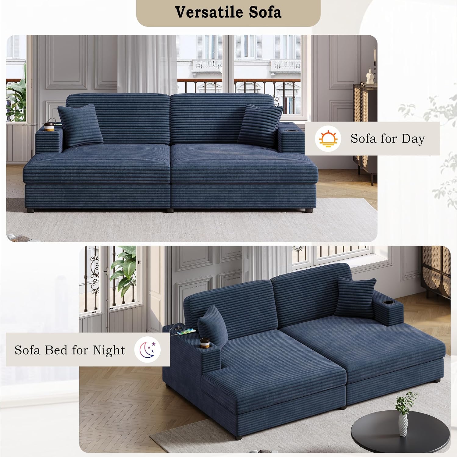 86.5' Oversized Double Chaise Lounge Indoor Corduroy Upholstered Sofa Bed , Deep Seat Lounger Loveseat Recliner Daybed with Dual USB Ports , Two Cup Holders and Throw Pillows for Living Room Bedroom