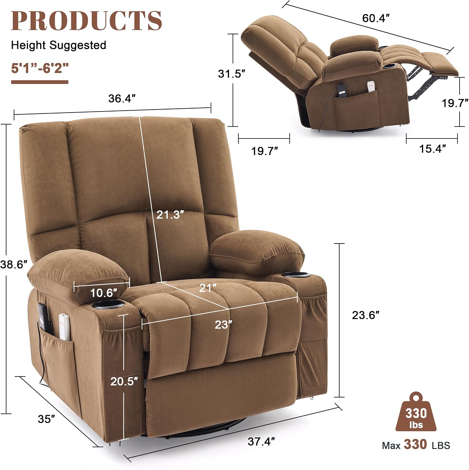 Rocker Recliner Chair with Heat and Massage, 360° Swivel Recliner Chairs for Adults, Oversized Recliner Single Sofa Seat with Cup Holders, Lazy Boy Recliner Single Sofa (Electric, Brown)