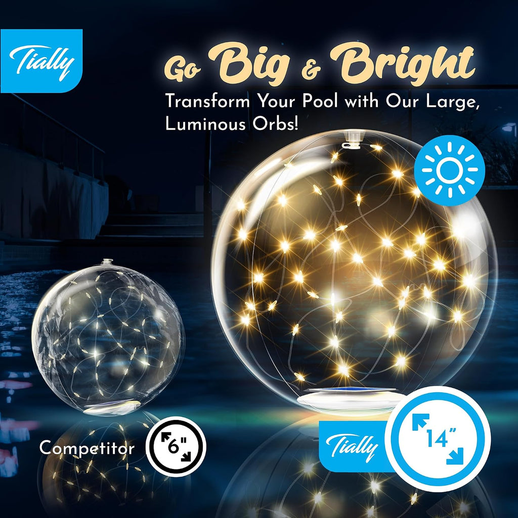 TIALLY Fairy Floating Pool Lights Solar Powered - 14' Inflatable Waterproof Led Glow Balls, Floating Light Up Balls for Swimming Pool Party Decorations, Cool Outdoor Decor (6 Pack)