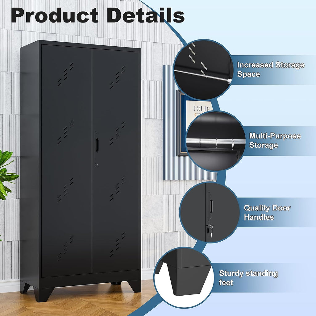Metal Storage Cabinet, Large Tool Cabinets with Lockable Doors, 71' Kitchen Pantry, Tall Garage Storage with Hanging Rod. Utility Closet for Office, Garage, Laundry Room