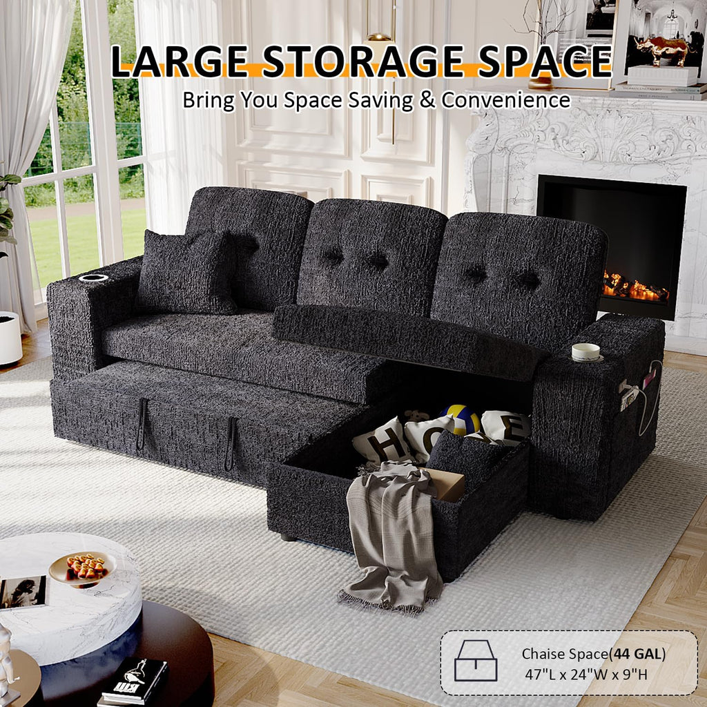 90 Inch Sleeper Sofa Bed, 4 in 1 Pull Out Couch Bed with Adjustable Backrest | Reversible Storage Chaise | Wide Armrest | Tool Free Assembly, Sectional Couches for Living Room, Black Chenille