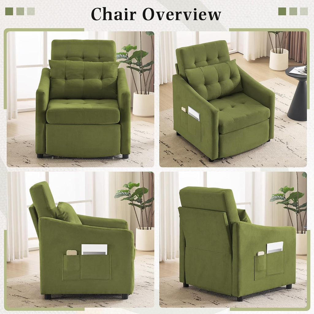 Bezseller Sleeper Sofa Chair Bed, 3-in-1 Convertible Sleeper Chair with Storage Drawer, Pull Out Couch with Side Pocket, Pillow, and Adjustable Backrest, for Living Room Bedroom Apartment, Green