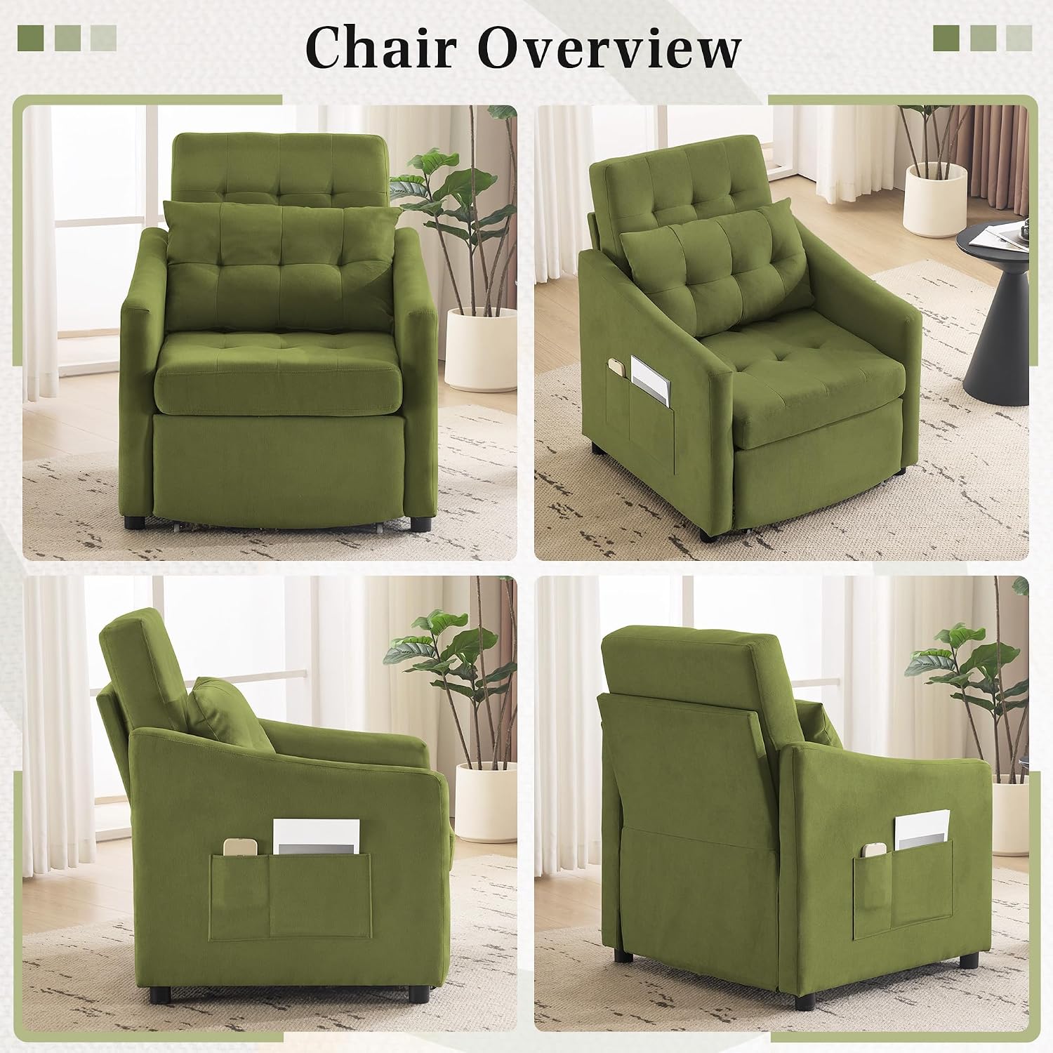 Bezseller Sleeper Sofa Chair Bed, 3-in-1 Convertible Sleeper Chair with Storage Drawer, Pull Out Couch with Side Pocket, Pillow, and Adjustable Backrest, for Living Room Bedroom Apartment, Green