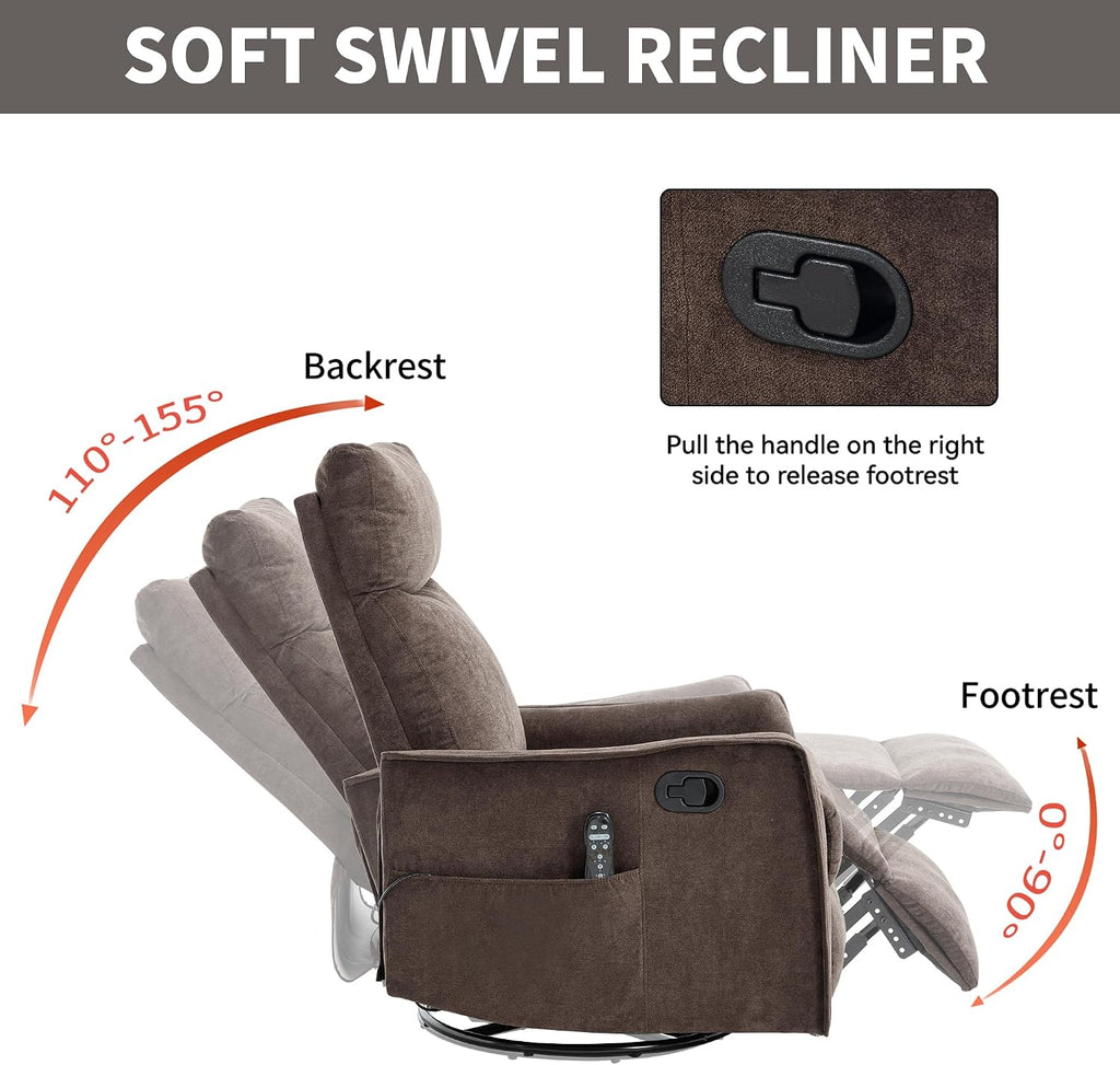 Massage Chair Recliner with Heat, 360° Swivel Glider Rocker with Reclining Backrest and Footrest, Manual Lazy Boy Recliners for Adults, Modern Nursery Rocking Chairs (Brown)