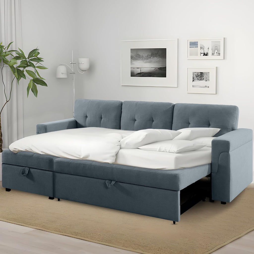 Naomi Home L Shaped Sectional Couch with Storage & Pull Out Bed – 3-in-1 Convertible Sleeper Sofa Bed, Small L Shape Sofa for Living Room, Sofa Bed with Storage Chaise in Dark Gray, Velvet