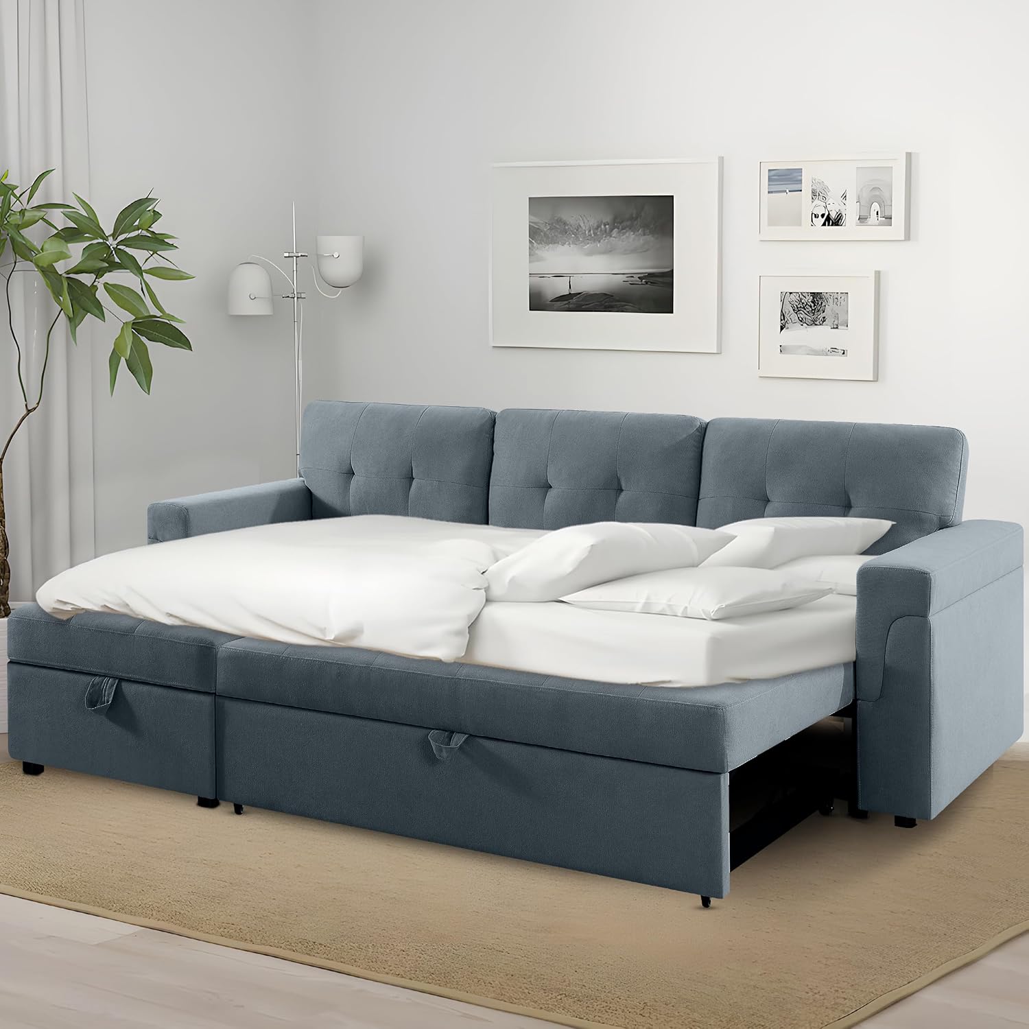 Naomi Home L Shaped Sectional Couch with Storage & Pull Out Bed – 3-in-1 Convertible Sleeper Sofa Bed, Small L Shape Sofa for Living Room, Sofa Bed with Storage Chaise in Dark Gray, Velvet