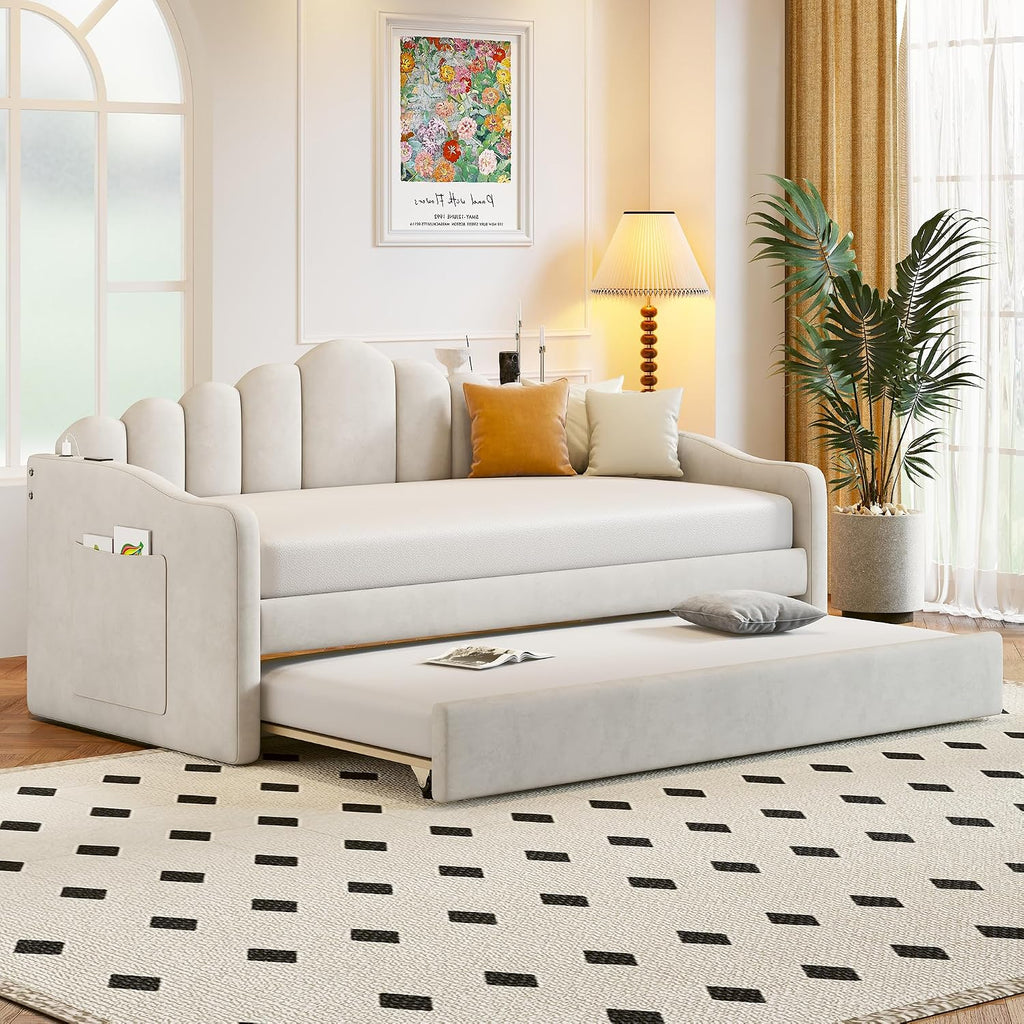 Bellemave Twin Size daybed with Trundle for Adults, Kids, Girls, Teens, daybeds with Trundle for Living Room, Velvet, Beige(Mattress not Included)