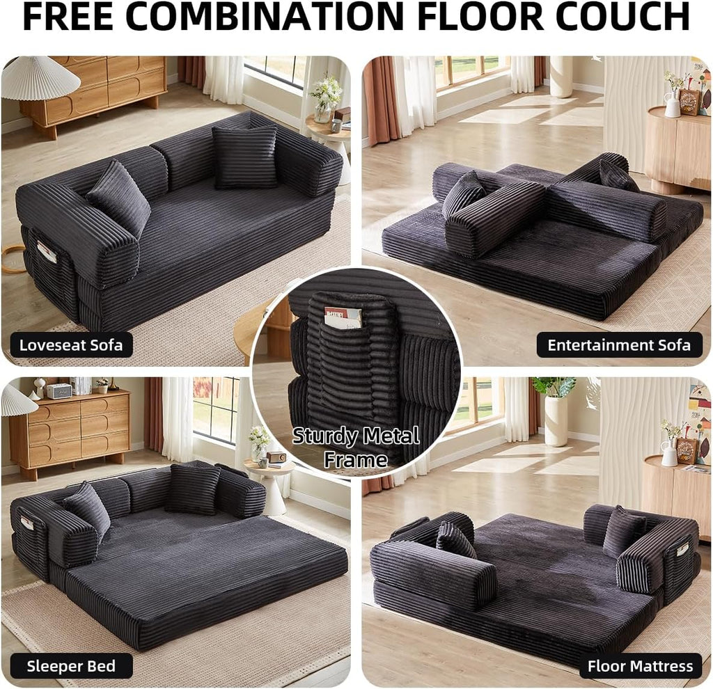 81 Inch Convertible Futon Sofa Bed,Fold Out Floor Sofa Couch with Fixed-Shape Frame,Corduroy Foldable Mattress Pull-Out Couches for Living Room (Dark Grey)