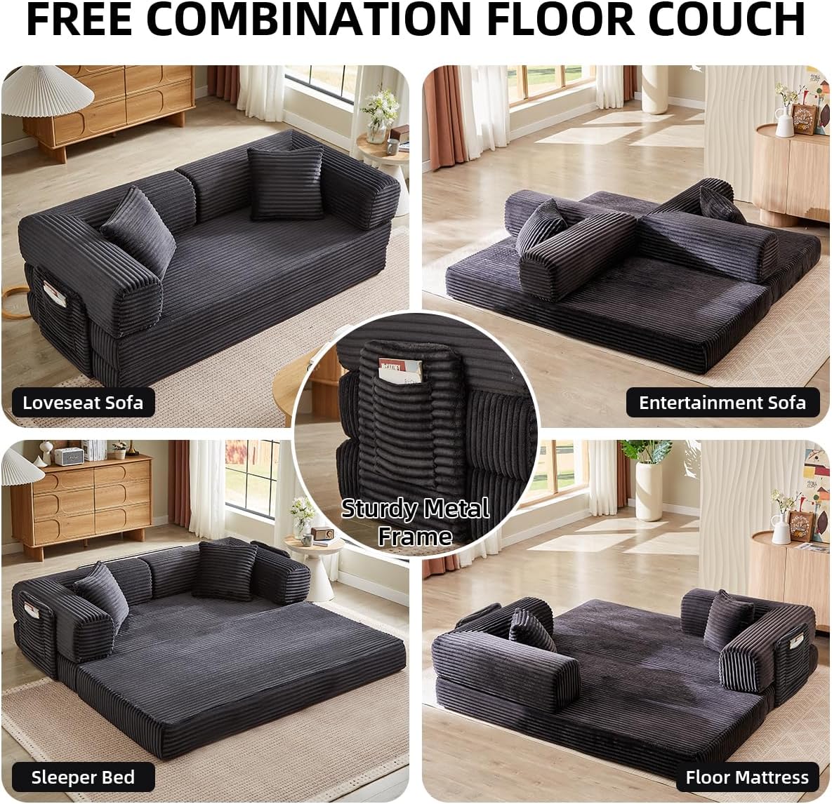 81 Inch Convertible Futon Sofa Bed,Fold Out Floor Sofa Couch with Fixed-Shape Frame,Corduroy Foldable Mattress Pull-Out Couches for Living Room (Dark Grey)