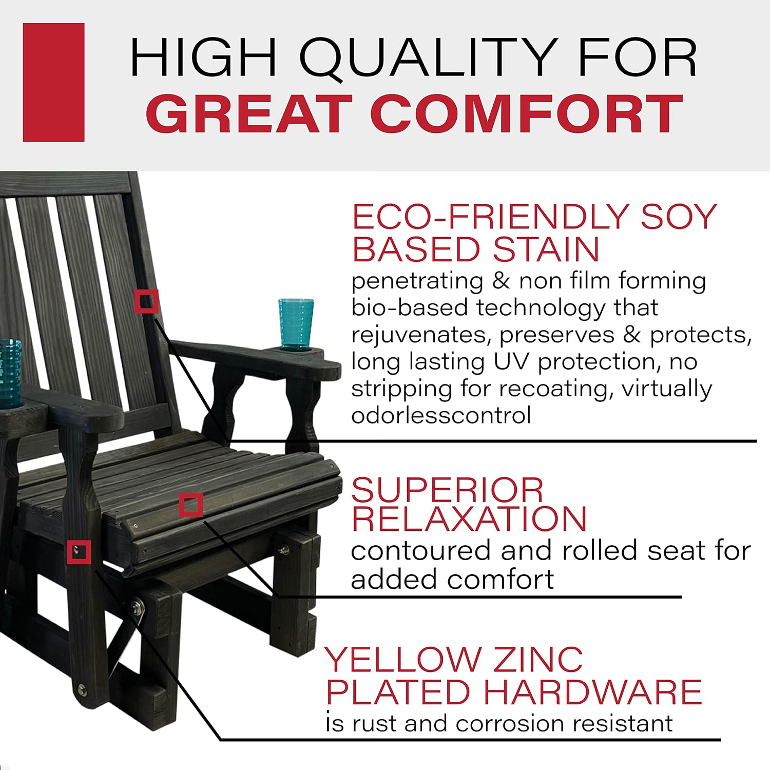 Amish Casual Heavy Duty 600 Lb Mission High Back Treated Glider Chair with Cupholders (Semi-Solid Black Stain)