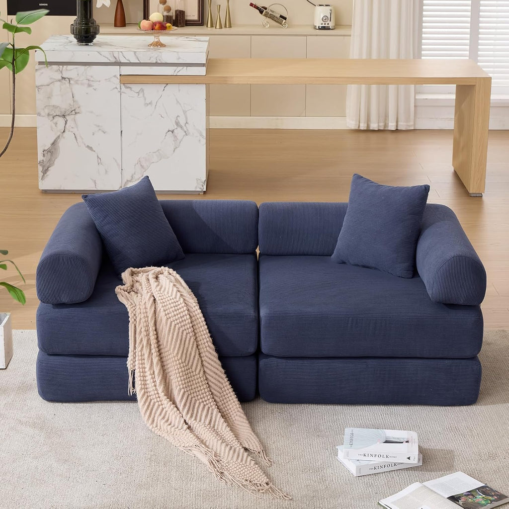 73' Convertible Modular Folding Sofa Bed, 5-in-1 DIY Combination Fold Out Sleeper Sofa Bed, Loveseat sleeper Couch with Removable Armrests, Corduroy Floor Couch, Small couches for small spaces, Blue