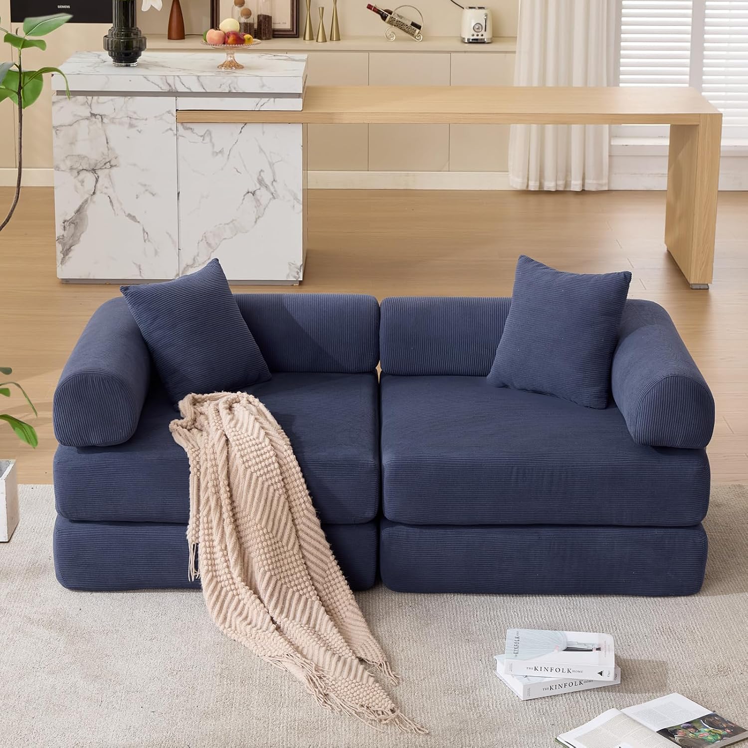 73' Convertible Modular Folding Sofa Bed, 5-in-1 DIY Combination Fold Out Sleeper Sofa Bed, Loveseat sleeper Couch with Removable Armrests, Corduroy Floor Couch, Small couches for small spaces, Blue