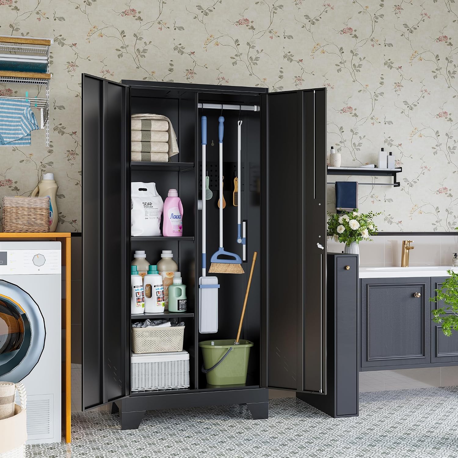 61' Metal Storage Cabinet with Lockable Doors, Cleaning Supply Cabinet with Pegboard and Hanging Rod. Garage Tool Storage Cabinets for Home, Laundry, Office, Home Kitchen Utility Cabinet