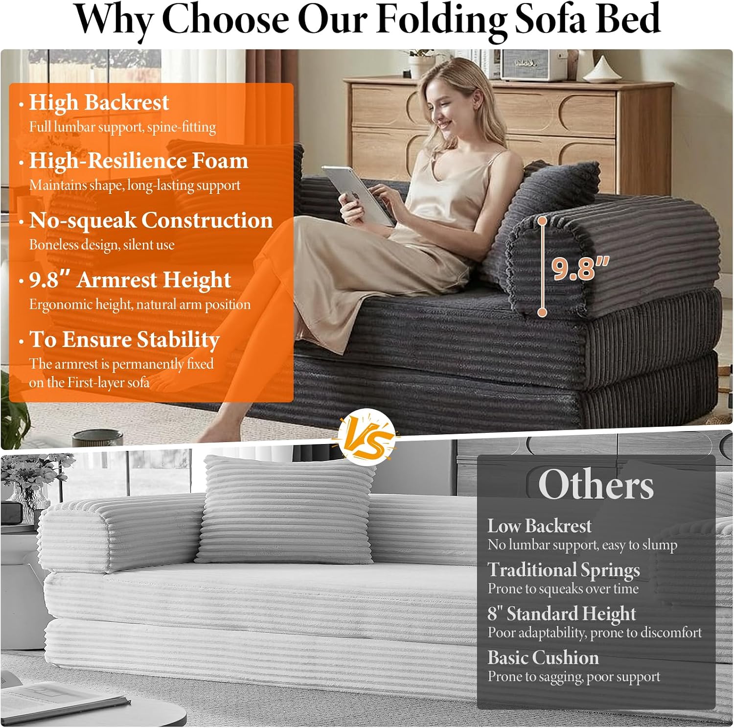 78 Inch Convertible Futon Sofa Bed,Folding Boneless Couches with Sleeper Sofa,Fold Out Floor Sofa Couch with Deep Seat,Cloud Corduroy Foldable Mattress Couch for Living Room (Dark Grey)