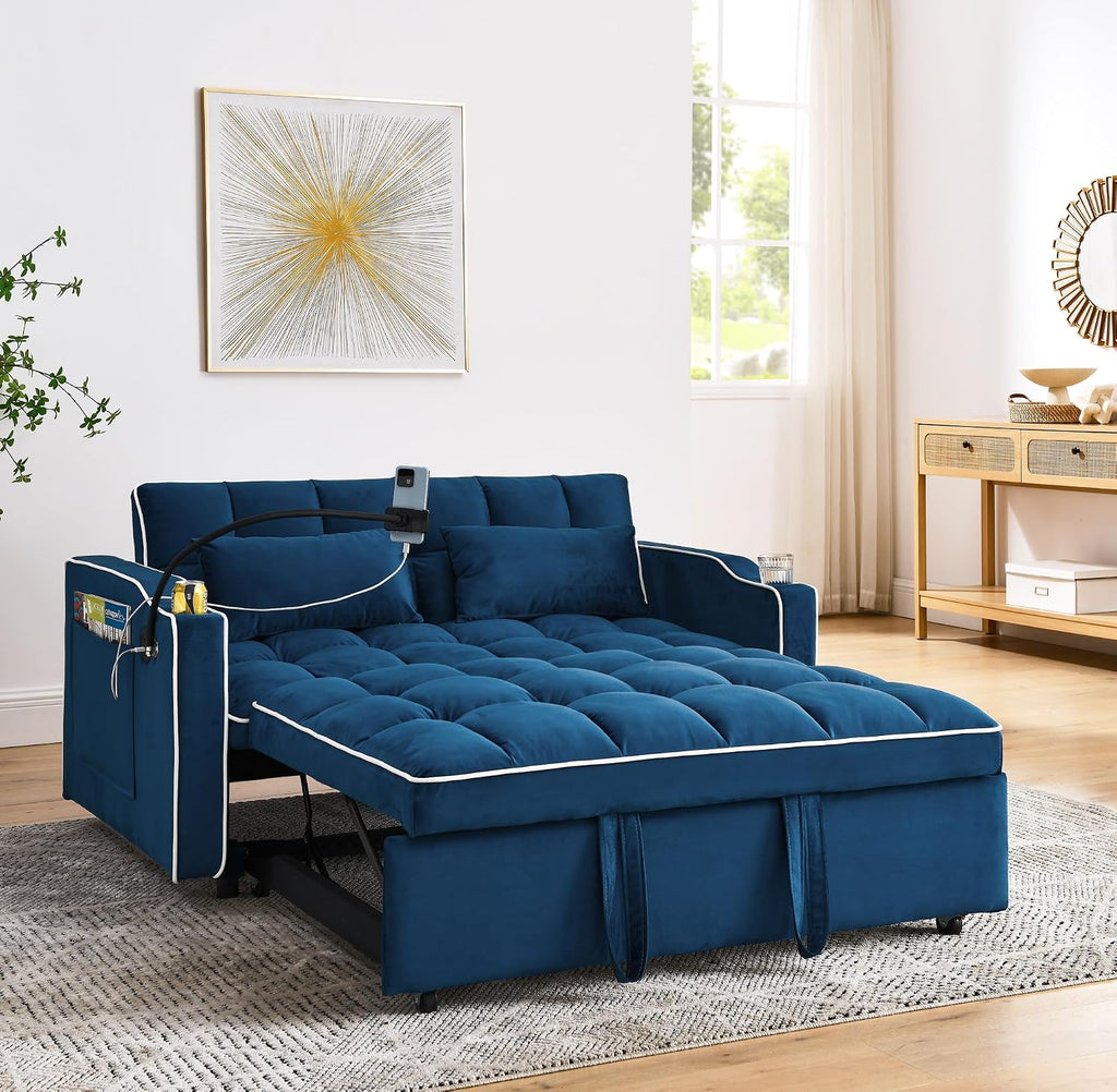 Merax Foldable Sofa Bed with USB Charging Ports, Pull Out Velvet Loveseat Sleeper with Phone Holder, Modern Futon Couch with Cup Holders & Adjustable Backrest for Living Room, Blue