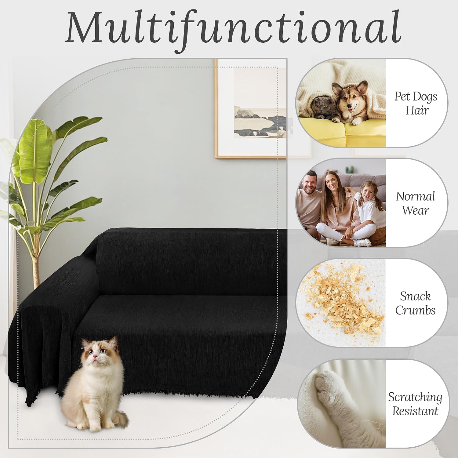 HDCAXKJ Corner Sectional Couch Covers for Dogs L Shape Sofa Cover with Tassel Chenille Soft Non Slip U Shaped Couch Cover Blanket Washable Sofa Slipcovers Protector (Charcoal Black, 91x252 inch)